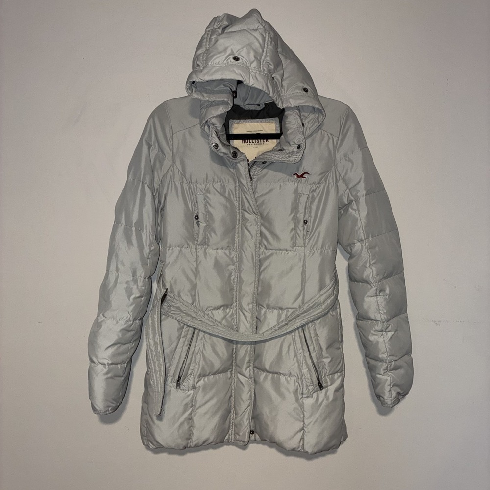 Hollister California Womens Gray Belted Hooded Puffer Coat Size M